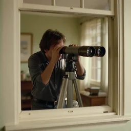 peering into someone's apartment through a telescope, rear window, hitchcock