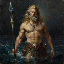 Poseidon, the god of the sea, beautiful oil painting, dark colors