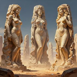 giant stone monuments, human statues across the desert, neon, fibonacci, sweat drops, insane, pinup, intricate, highly detailed, digital painting, artstation, concept art, smooth, sharp focus, illustration, Unreal Engine 5, 8K, art by artgerm and greg rutkowski and alphonse mucha