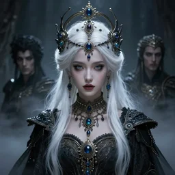 a beautiful white haired princess, adorned with precious stone jewelry, intricate concept art, ominous, gorgeous dark fantasy, misty, dramatic lighting, octane render, 8 k, ruan jia and jeremy mann and tom bagshaw and alphonse mucha