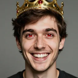 man with red pupils and a crown grinning