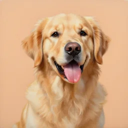 oil painting of a golden retriever sticking its tongue out, light orange background