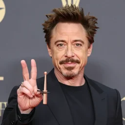 roberty downey jr holding his fingers in the peace symbol
