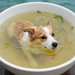 a dog swiming in a bowl of soup