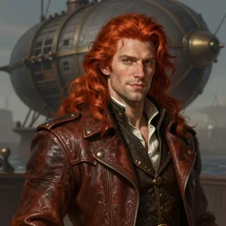 portrait of a ruggedly handsome!!!!! male captain with long red hair!!!!!!, upper body, wavey hair, leather coat, friendly, Steampunk airship!!!!!!!, D&D, hairworks, Unreal 4, fantasy, simple clothing!!!!, elegant, highly detailed, digital painting, hairworks, deviantart, artstation, concept art, sharp focus, dramatic lighting, illustration, art by Artgerm and Greg Rutkowski and Alphonse Mucha