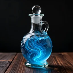 spirit potion containing swirling glowing blue liquid, beautiful intricate glass bottle, on a wooden table, black background, ominous lighting, fantasy, CGI, octane render, 8k