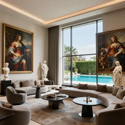 interior design of a modern hotel lounge with renaissance paintings and sculptures and a window overlooking a beautiful pool, in the design of zaza hadid, sharp, hyper - detailed, 8 k resolution, good lighting