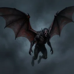 night, sinister male, concept art, horror, body is covered in short fur, he has oversized batwings, he flies, realistic shaded, airbrushed, realistic, artstation, art by michael whelan