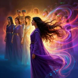 close side profile shot, maya ali, wind sorceresses, purple robes, gradient backlit background, unreal, gloomhaven, luminescent, colorful swirly magic ripples, gaudy colors, by greg manchess, huang guangjian, gil elvgren, sachin teng, greg rutkowski, jesper ejsing, ilya kuvshinov