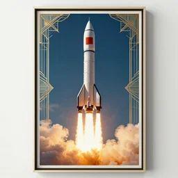 a rocket taking off, poster, art deco, ultra high resolution, ultra detailed