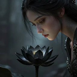 a beautiful and hyperdetailed illustration of a woman looking down at a black lotus flower, centered in frame, viewed in profile, in the style of magic the gathering!!!!, ultrawide lens, 8 k, volumetric lighting, cinematic, find detail, cell shaded, intricate detail, octane render, art by chris rahn and greg rutkowski and adam paquette