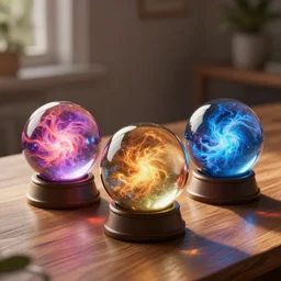 3 glass orbs containing different colorful energetic storms, the glass orbs are sitting on a wooden table in ambient sunlight, photorealistic, cinematic, depth of field, award winning, high resolution, intricate details. Rendered with autodesk arnold unreal engine octane render Lumion Blender Maxwell.