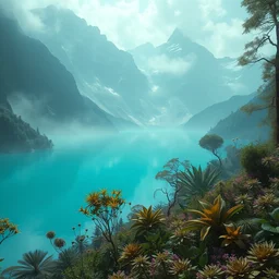 a cyberpunk style artwork of a paradise garden, a land of the dead, divine, hazy, volumetric lighting, snowy summits in the background, vast turquoise lake, lush flora, empty, spacetime bending, very detailed, serene, gold accents, washed out colors, beautiful artwork, master level composition, raytracing