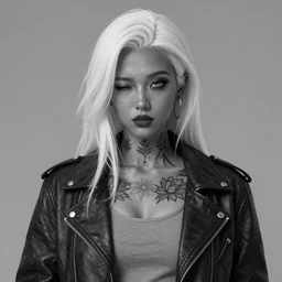 Hot young woman, winking, grey skinned, void eyeballs, white hair, tattoos, wearing leather jacket and wifebeater tank top, digital art, concept art, ultra detailed, 4k,