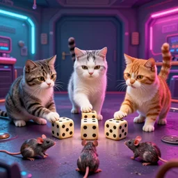 3 cats rolling dice with 3 rats, neon basement, by syd mead , john kricfalusi