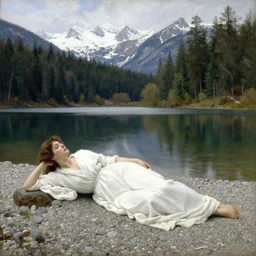 a painting of a beautiful woman in a white robe lying on pebbles by a beautiful lake in a virgin forest with snowy mountains in the background, in the style of jean - francois millet, highly detailed