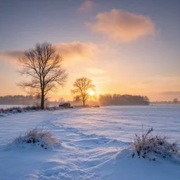 beautiful snowy landscape of the netherlands with a majestic sunrise, art, high detail, high definition, photorealistic, hdr,