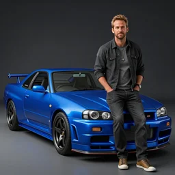 Paul Walker next to blue R34, renaissance, trending on artstation and unreal engine