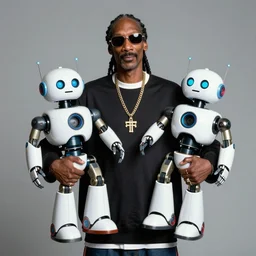 Snoop Dogg holding two futuristic robots for a 1990s sitcom tv show, Studio Photograph, portrait, C 12.0