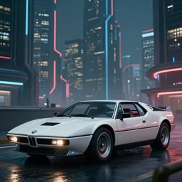 1955 BMW M1 Stratos, city in cyberpunk style by Vincent Di Fate