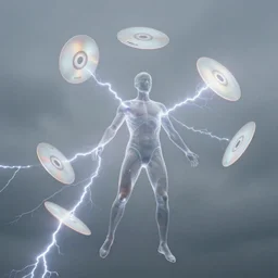 realistic photo portrait of a glowing disks flying in a grey sky, covered with tesla electricity, transparent human 1 9 9 0, life magazine photo, natural colors, museum collection, kodak