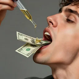 pipette filled with liquid dollar bills drips into a man's mouth, digital illustration, detailed, artsy, talented