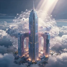 intricately patterened modern architecture concept computer world still shining through faintly rainbow led lights, beautiful surreal scenery artwork pixiv. gigantic architectural modern design node network of cloud computing soul dust. unthinkable dream cloud computer infinites. sublime god lighting, sun rays, cold colors. insanely detailed, artstation!! pixiv!! infinitely detailed