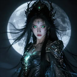 portrait of moon sorceress, beautiful, attractive, glowing, jaw dropping, dynamic lighting, dark, menacing, intricate and detailed, 4 k octane render, age 2 0, green eyes