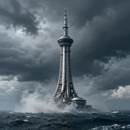 Massive tower in the middle of an stormy sea in 24th century, wider at the bottom, realistic photo