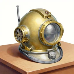 equipment illustration of an old diving helm on a table, scientific illustration by tony diterlizzi