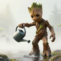 photorealistic wide shot of groot watering his feet with watering can, octane render, unreal engine 4k, volumetric light, fog, detailed