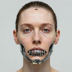 cybernetic implants on face, metal jaw, usb port on forehead, portrait by jenny saville
