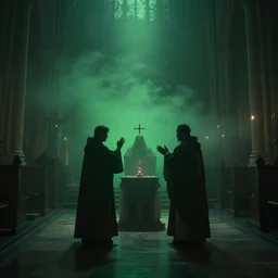 cinematic shot inside an cathedral, ambient green light, medium fog, shadowy figures performing a ritual, eerie