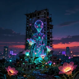 unfinished building by john william casilear, nightsky uv light myst magic realism alien flowers hyperrealism landscape nightvision sunset anime synthwave nature liberty city tron at dusk darkacademia, archdaily, wallpaper, highly detailed, trending on artstation.