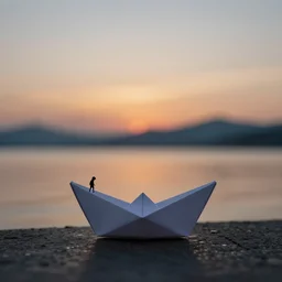 a girl in a origami boat at dusk