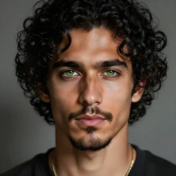 handsome!! hyper realistic man with curly black hair, tan skin, grassy colored iris ', green eyes, anchor goatee | art by hirohiko araki & jean giraud & artgerm
