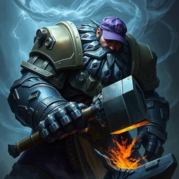 a storm giant with mechanical armor, wielding mechanical hammer, blacksmith, wearing purple cap, izzet guild, d & d, fantasy, intricate, cinematic lighting, highly detailed, digital painting, artstation, concept art, smooth, sharp focus, illustration, art by artgerm and greg rutkowski and alphonse mucha