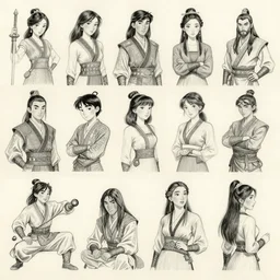 detailed pencil spot illustrations of various character concepts from the mulan and prince of egypt crossover movie, various poses, by burne hogarth, by bridgeman, by anthony ryder, by yoshitaka amano, by ruan jia, by conrad roset, by mucha, cgsociety, artstation.