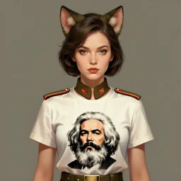 digital artwork of female character with cat ears wearing soviet era uniform, wearing a tshirt with a face of karl marx on it, in the style of krenz cushart