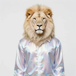 aesthetic portrait commission of a albino male furry anthro lion wearing a cute holographic iridescent long sleeved silky reflective shirt outfit with bubble patterns and shapes, winter Atmosphere. Character design by charlie bowater, ross tran, artgerm, and makoto shinkai, detailed, inked, western comic book art, 2021 award winning painting