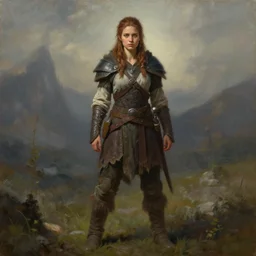 a full body high detail fantasy portrait oil painting illustration of a beautiful cute young rugged stoic barbarian woman by justin sweet with face and body clearly visible, in a scenic background, pupils visible, realistic proportions, d & d, rpg, forgotten realms, artstation trending, high quality, sombre mood, artstation trending, muted colours, entire person visible!