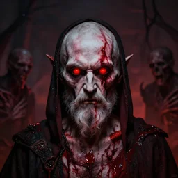 portrait of alexander abdulov, with a red eyes, satanic body, head of old man, in blood of sinners, hellish style
