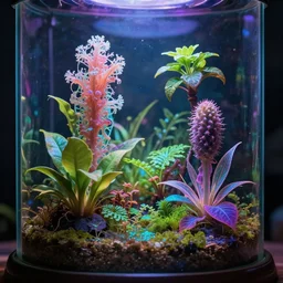 terrarium with plants from a differen alien planet. weird colours. sci - fi. futuristic. alien. holographic, beautiful, ethereal