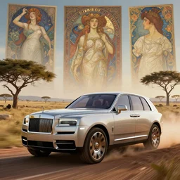 a concept suv designed by rolls royce driving through madagascar, artgerm and greg rutkowski and alphonse mucha, an epic fantasy, volumetric light, detailed, establishing shot, an epic fantasy, trending on art station, octane render, midsommar
