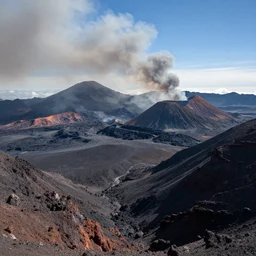 majestic landscape of volcanic mountains, obsidian, ashes in the air, big, beautiful, by franzzeta