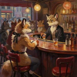 only a few detailed adult fursona characters chatting, a furry wearing black ribbons, city streets background outside of the bar. a crowd of furries drinking at the tavern. bartender ox cleaning a glass behind the counter. moody lighting. red bar stools. whiskey and wine and beers. oil painting by terese guay kinkade monet gurney