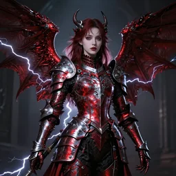 angel knight gothic girl in dark and red dragon armor. by gaston bussiere, by rembrandt, volumetric lightning, silver