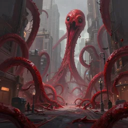 A digital matte painting of a street level view of a a sci-fi city being overrun by massive blood-red tendrils, by Greg Rutkowski, trending on artstation