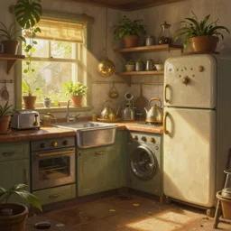 steampunk kitchen in the warm morning light, plants, toaster, kettle, fridge, oven, sink, machines, beautifully lit, painting, high resolution, trending on artstation