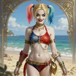 photography of harley quinn in bikini at the beach, deep focus, d & d and mtg, fantasy, intricate, elegant, highly detailed, digital painting, artstation, concept art, matte, sharp focus, illustration, hearthstone, art by artgerm and greg rutkowski and alphonse mucha